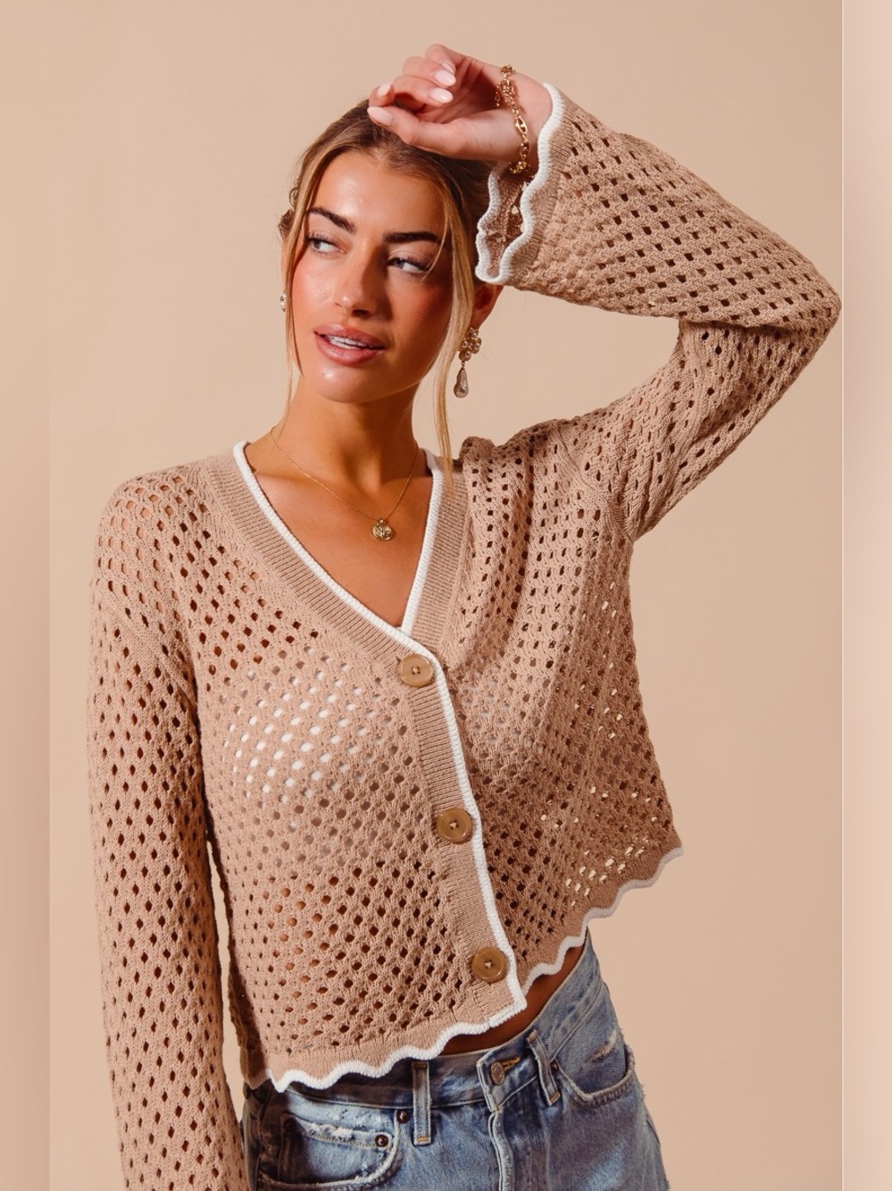 SO ME Open Knit Light Weight Sweater Cardigan With Contrast Wavy Scallop Edge - Picture 9 of 11
